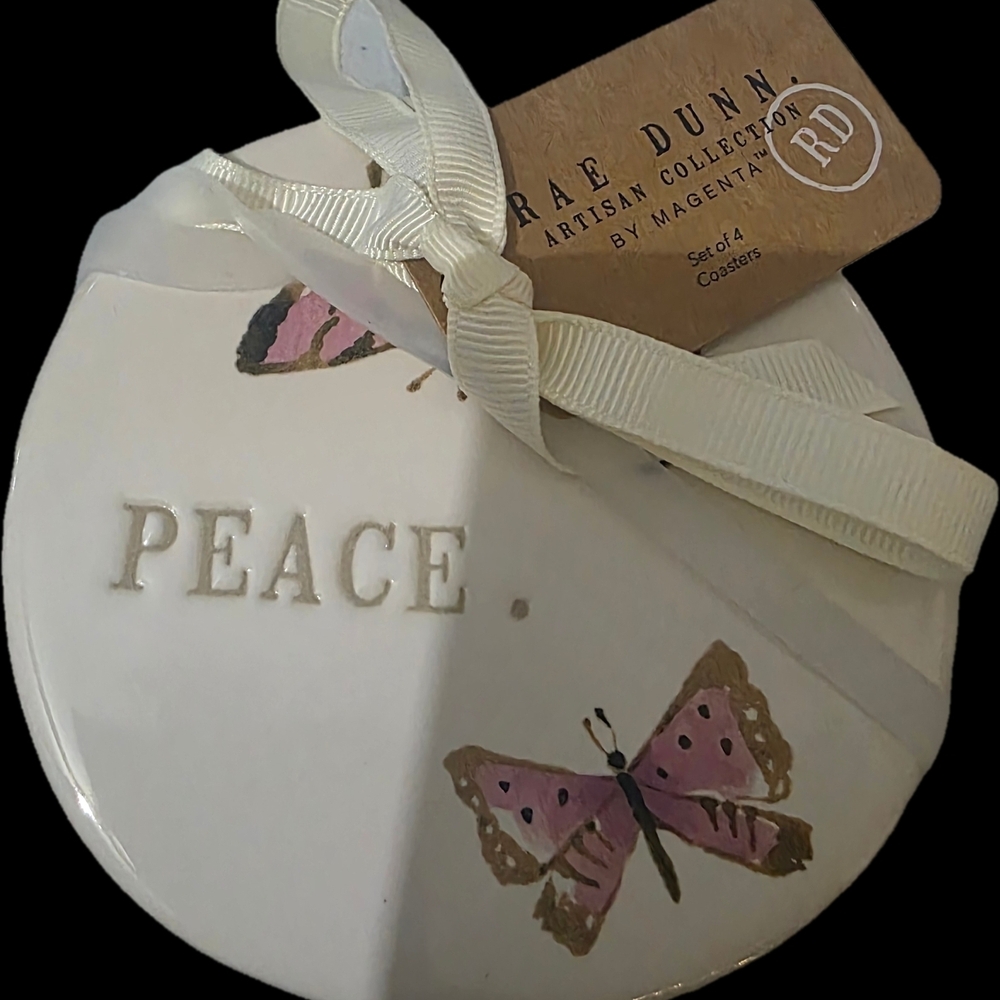 Rae Dunn Peace Coasters with Pink Butterfly Motif